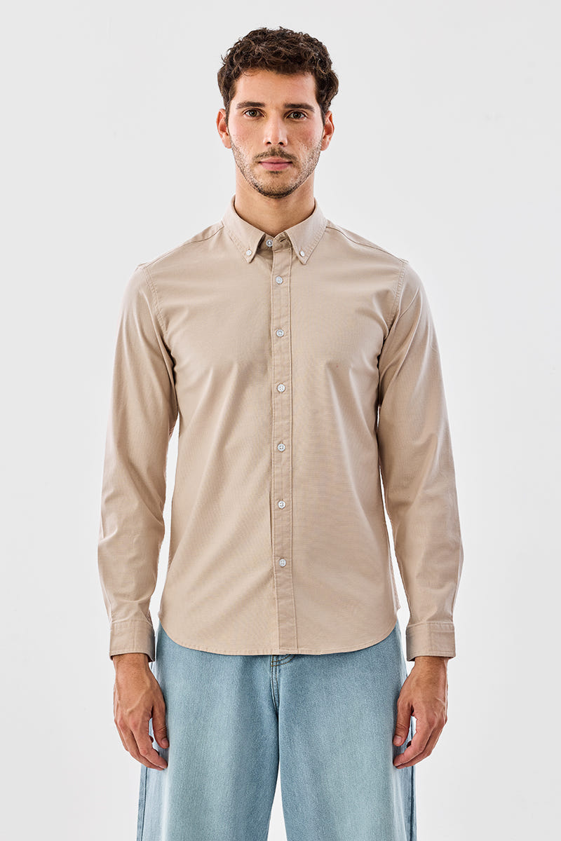 Beige Essence Full-Sleeve Cotton Shirt in a Smooth Timeless Tone