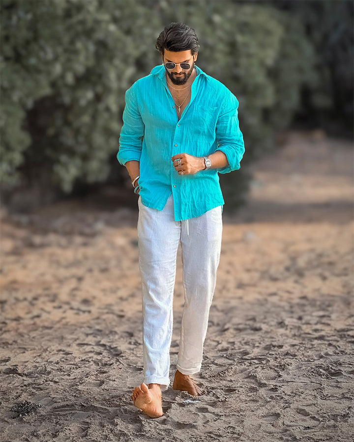 Aqua Blue Comfort-Fit Cotton Shirt for Office Wear