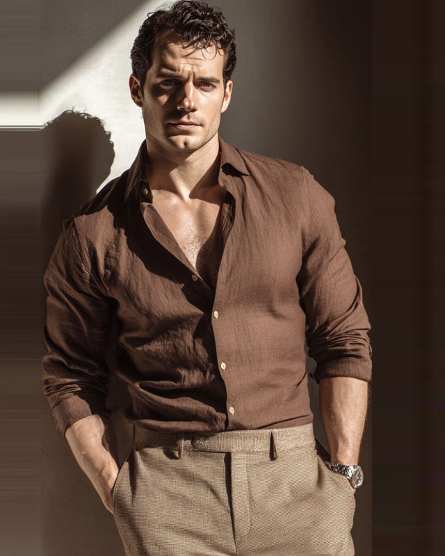 Dark Brown Cotton Long-Sleeve Office Wear Shirt