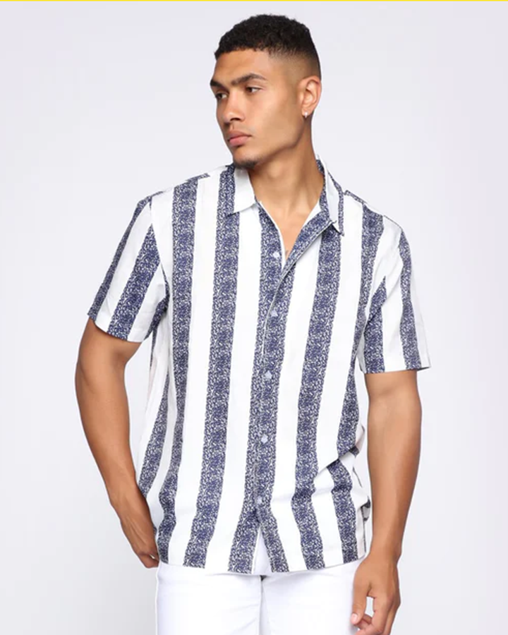 Striped White Color Linen Half Sleeve Shirt