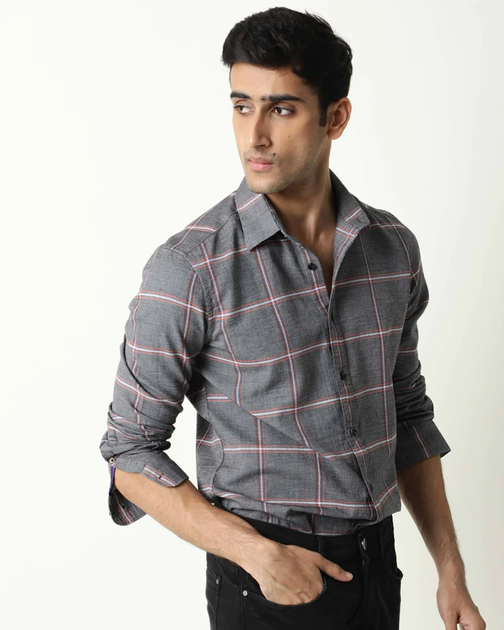 Grey Linen Checks Full Sleeves Shirt