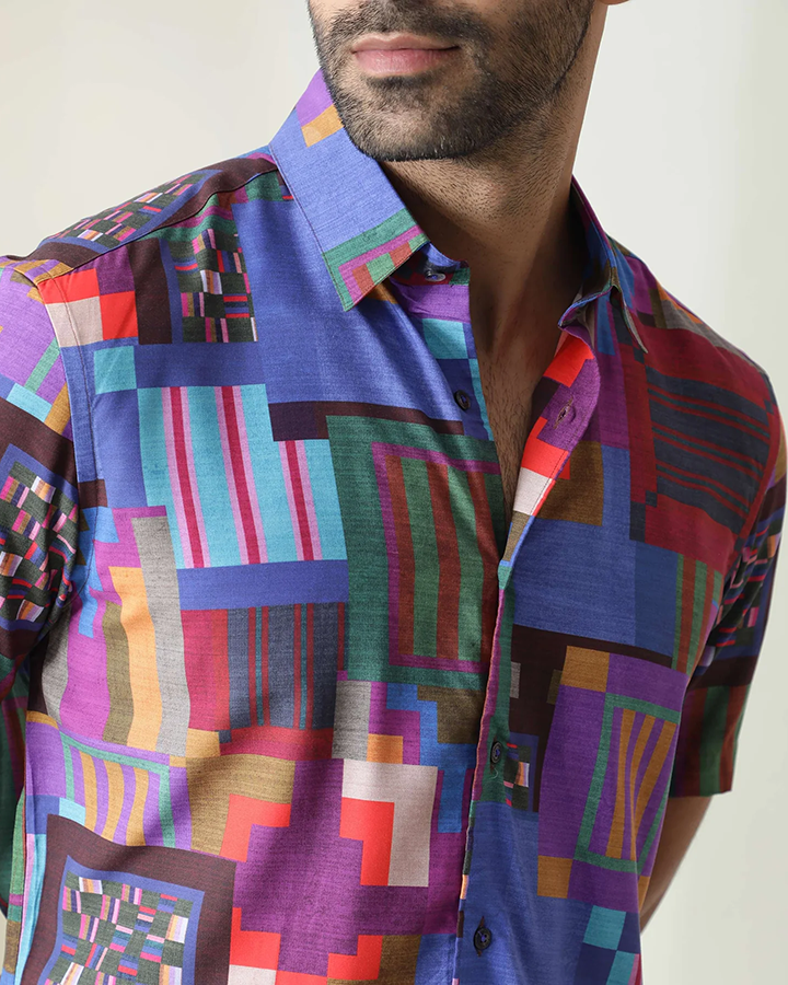 Multicolored Geometric Print Half Sleeve Shirt