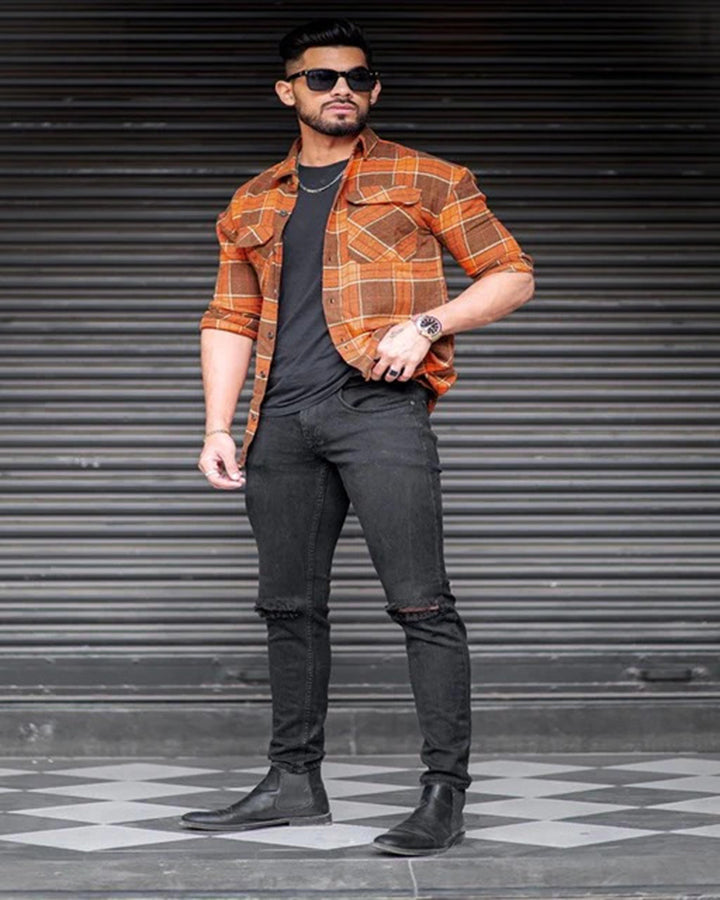 Rust colored rayon checkered printed shirt
