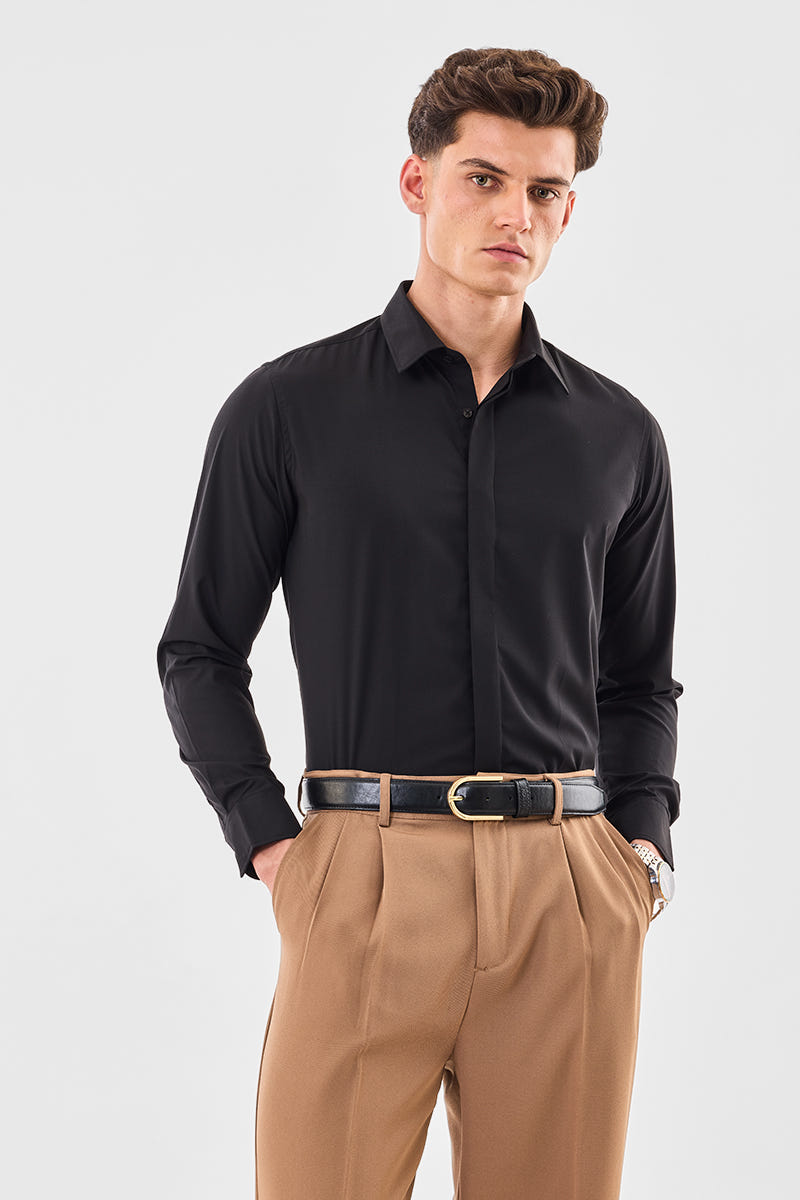 Solid Black Pure Cotton Shirt in a Smooth Refined Shade