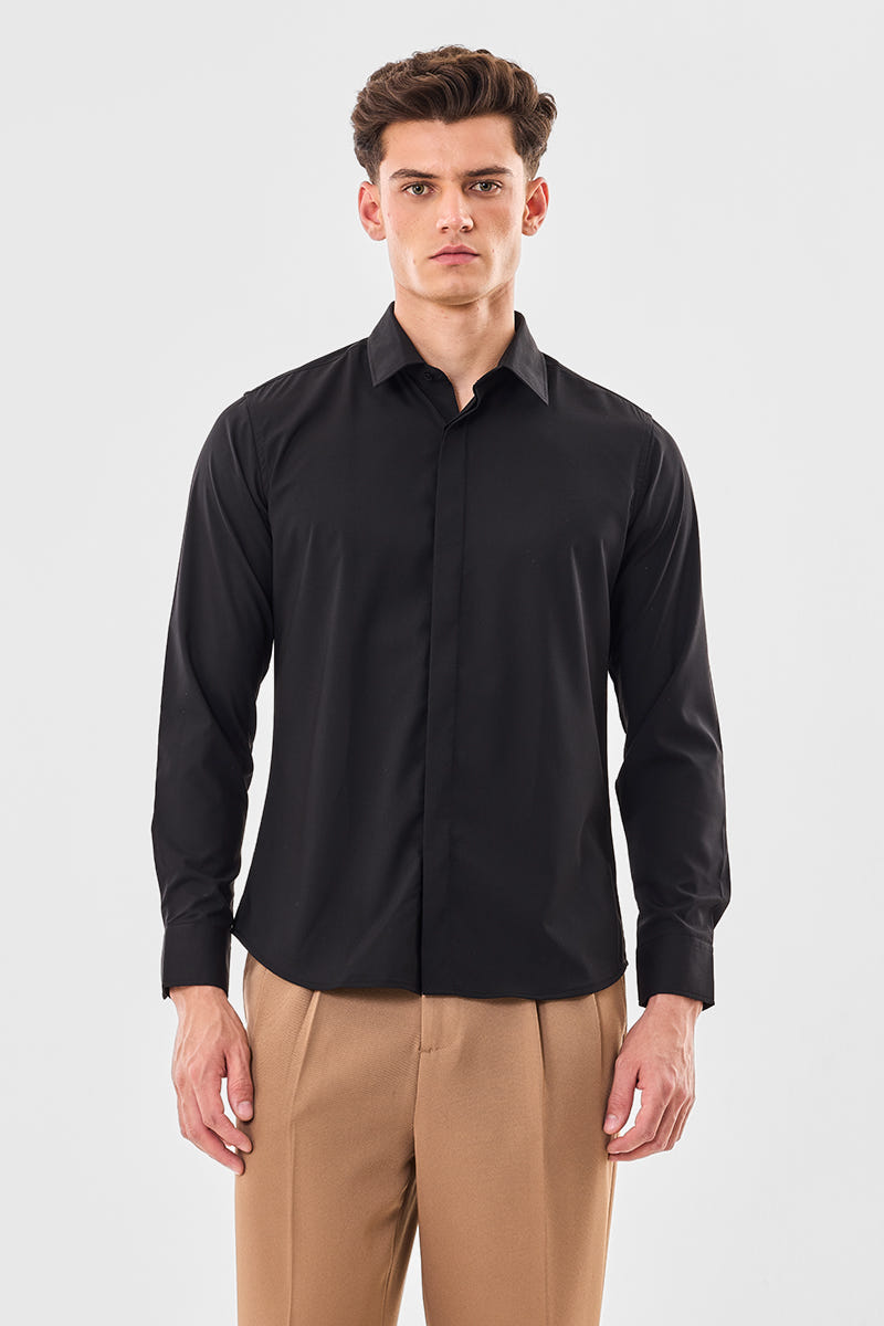 Solid Black Pure Cotton Shirt in a Smooth Refined Shade
