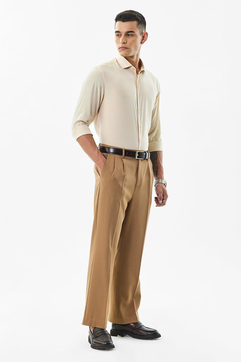 Warm Beige Smooth Cotton Shirt with a Subtle Classic Appeal