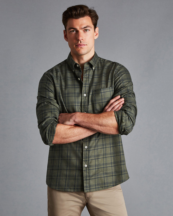 Olive Green Colored Checkered Cotton Shirt