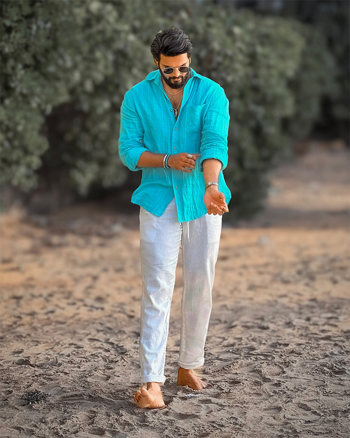 Aqua Blue Comfort-Fit Cotton Shirt for Office Wear