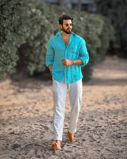 Aqua Blue Comfort-Fit Cotton Shirt for Office Wear