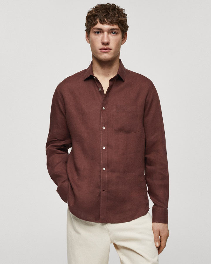 Dark Brown Cotton Long-Sleeve Shirt