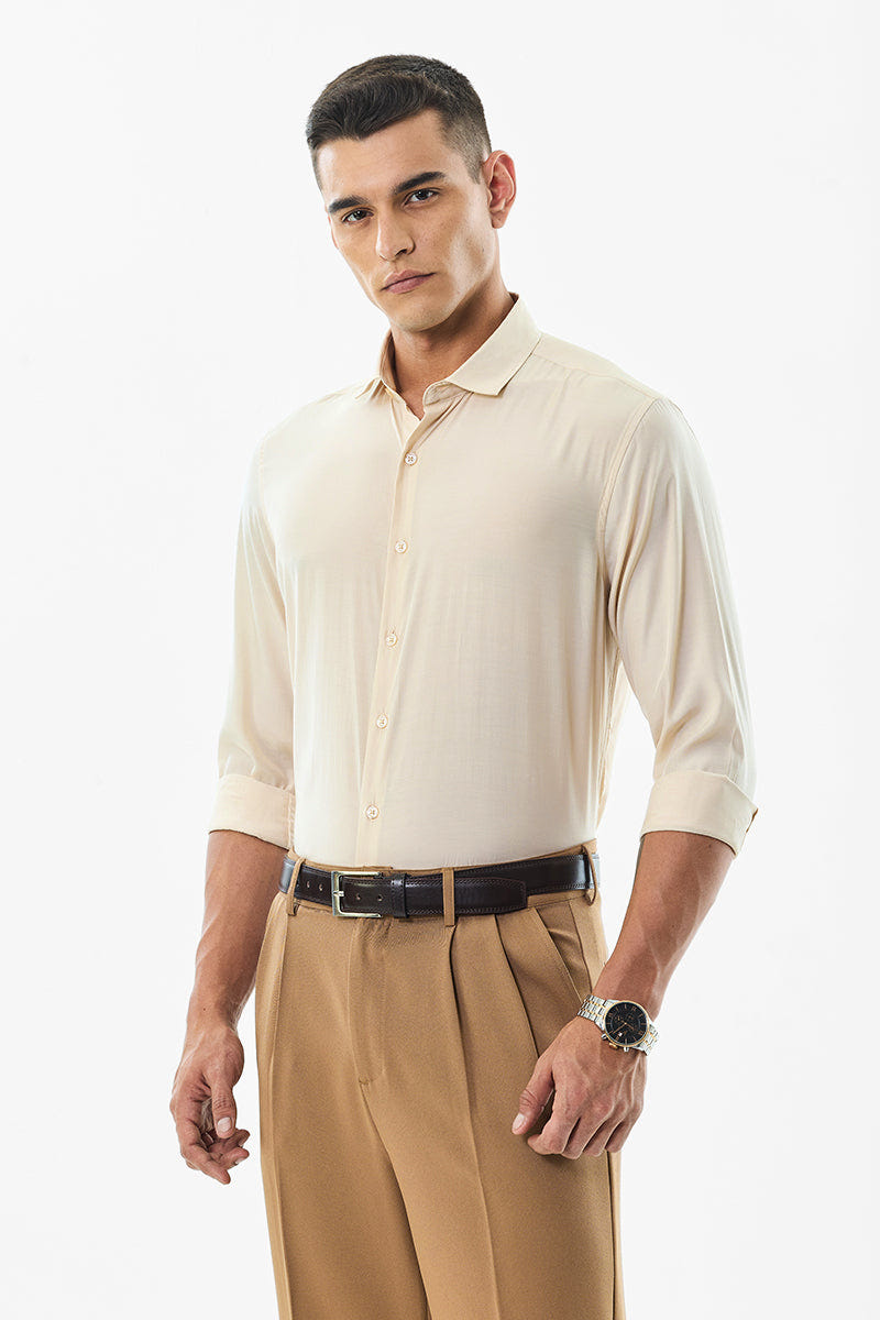 Warm Beige Smooth Cotton Shirt with a Subtle Classic Appeal