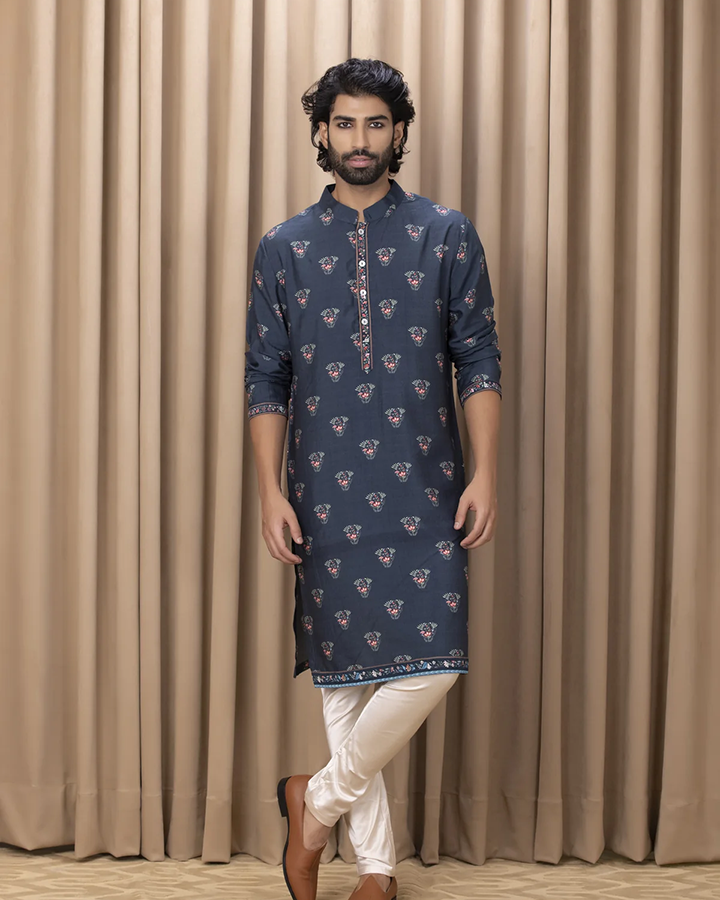 Blue Color Cotton Floral Print Kurta