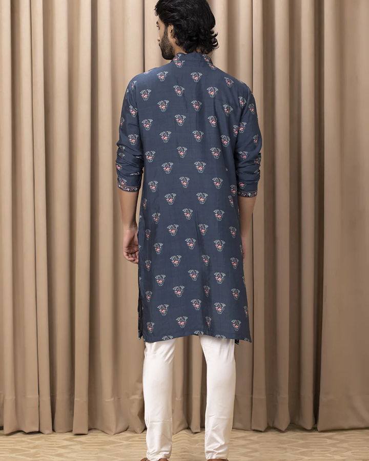 Blue Color Cotton Floral Print Kurta