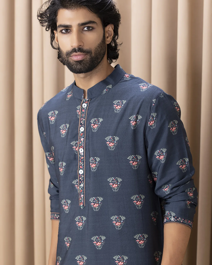 Blue Color Cotton Floral Print Kurta