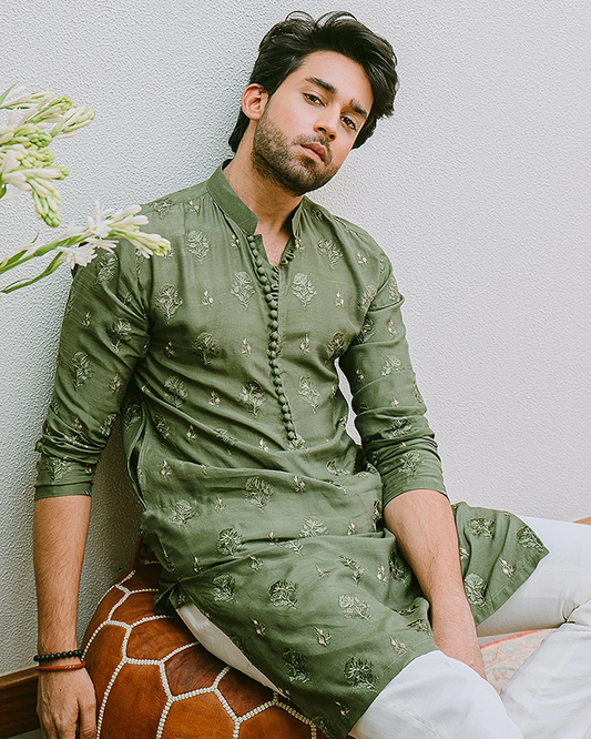 Tea Green Colored Cotton Kurta