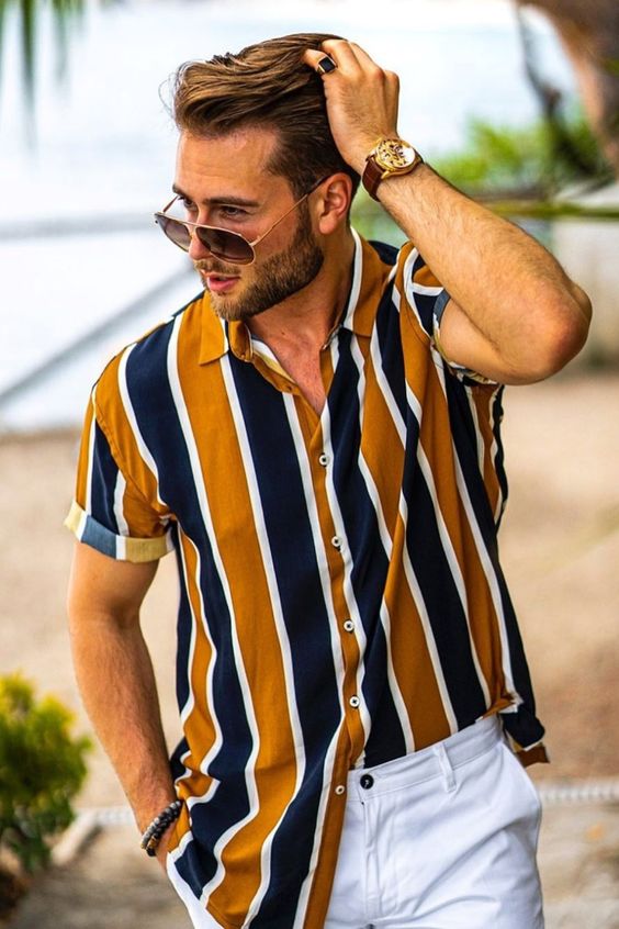 Casual Yellow Colored Rayon Striped Shirt