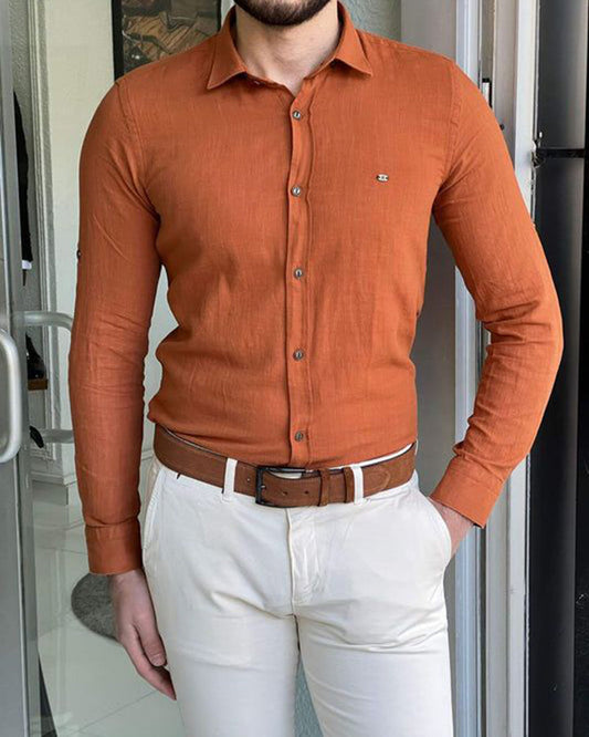 Mens Solid Orange Colored Solid Shirt