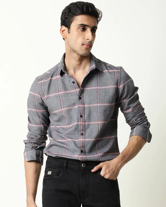 Grey Linen Checks Full Sleeves Shirt