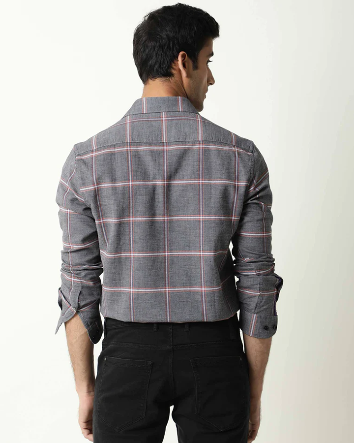 Grey Linen Checks Full Sleeves Shirt