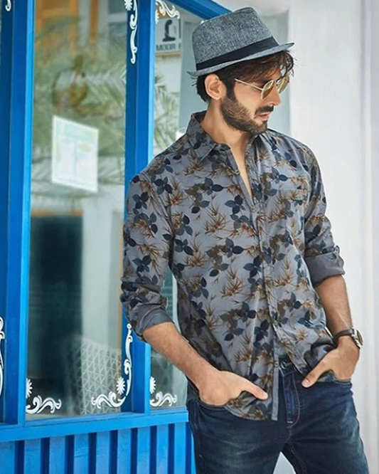 Grey Color Flower Printed Shirt For Man