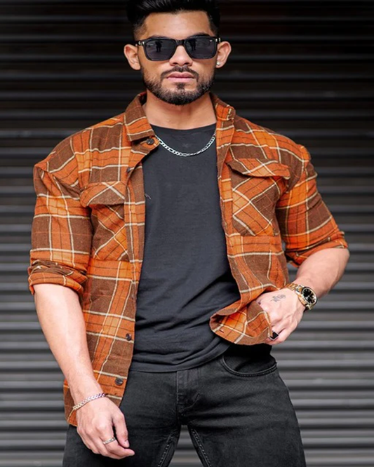 Rust colored rayon checkered printed shirt