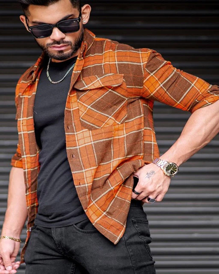 Rust colored rayon checkered printed shirt