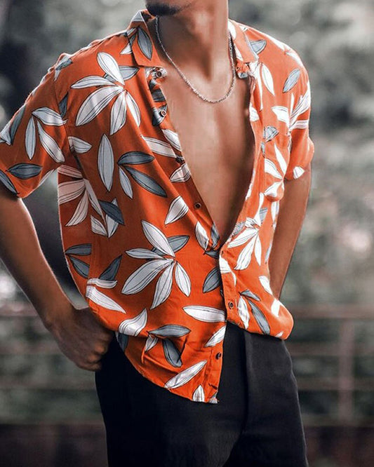 Orange Color Cotton Leaf Printed Shirt