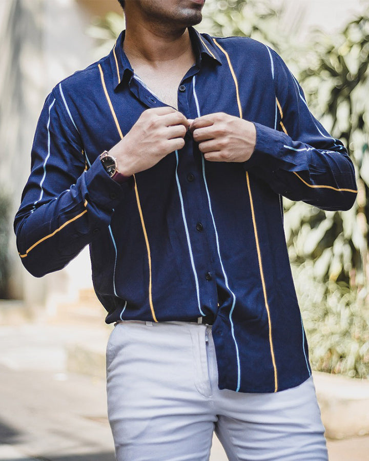 Navy Blue Colored Cotton Striped Shirt