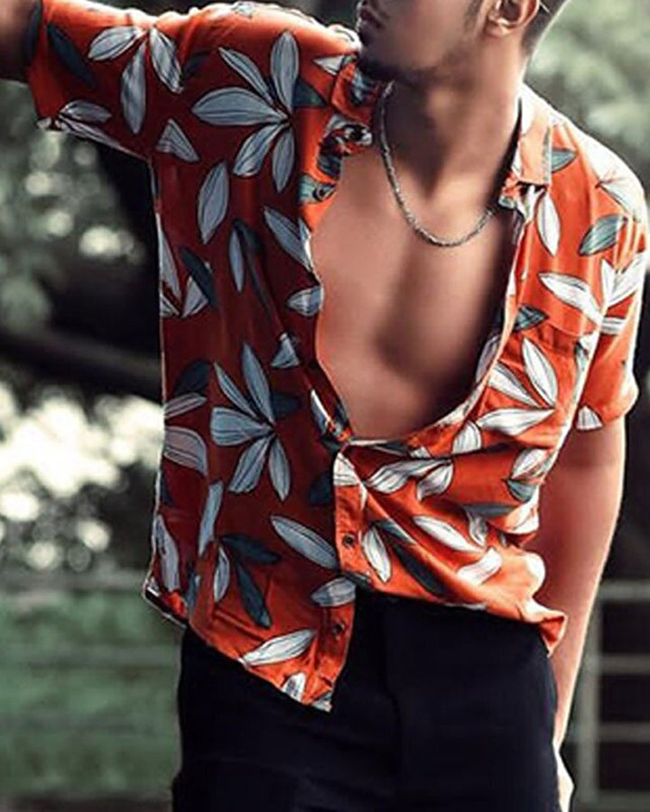 Orange Color Cotton Leaf Printed Shirt