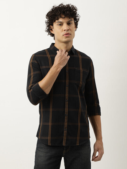 Men's Black Colored Cotton Checks Shirt