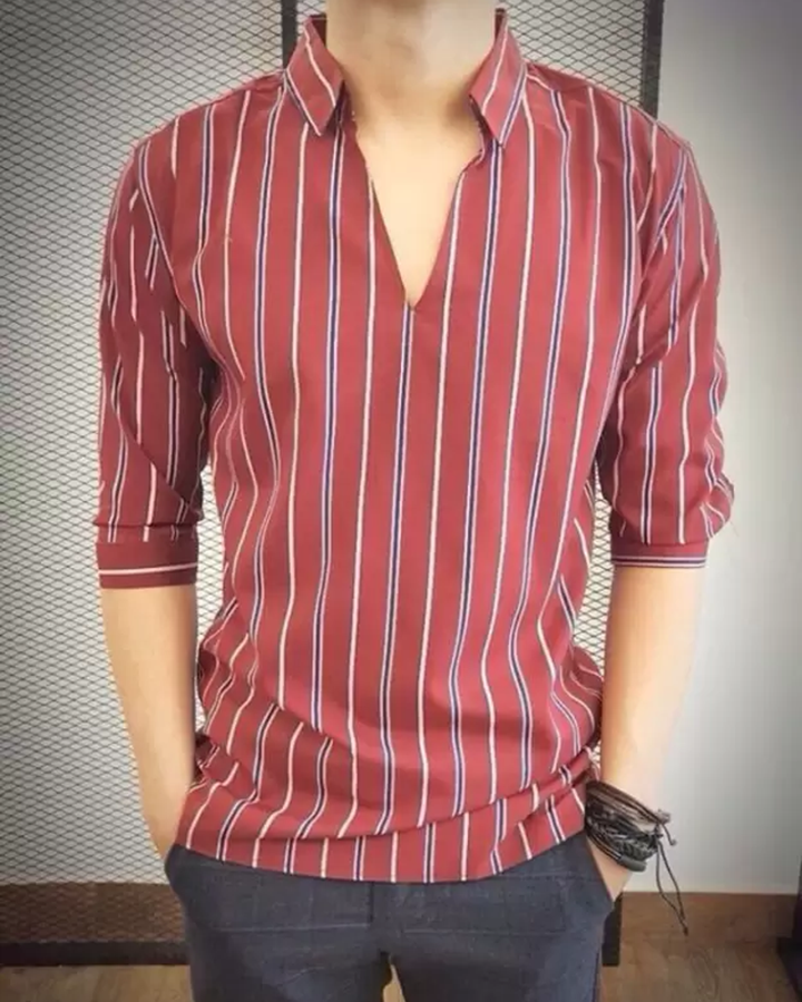 Red Colored Cotton Striped Half Sleeve Shirt