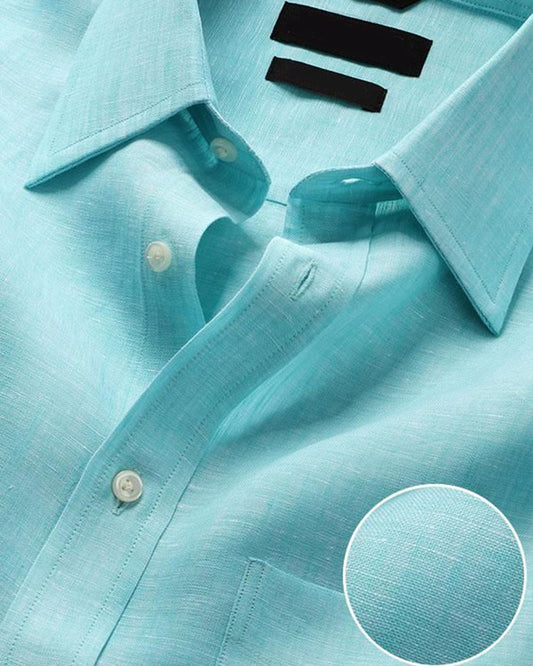 Turquoise Colored Solid Linen Shirt